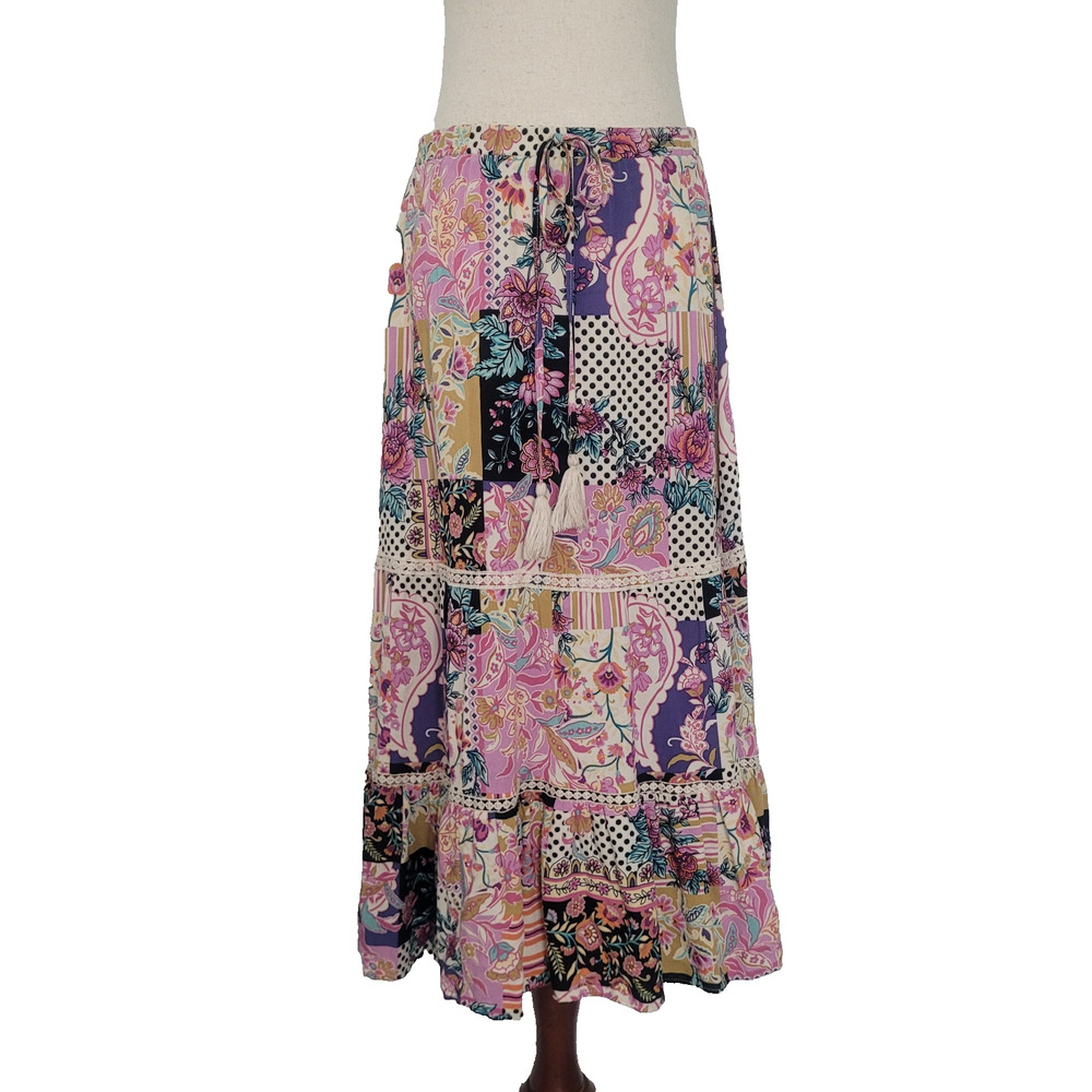 Indigo Rose Floral Patchwork Maxi Skirt Size M Colorful Boho Hippie Festival